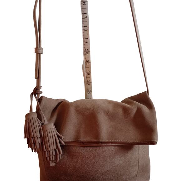 Antik Kraft Suede Beige Gray Tassel Fold-over Crossbody Purse Shoulder Bag - Picture 8 of 14